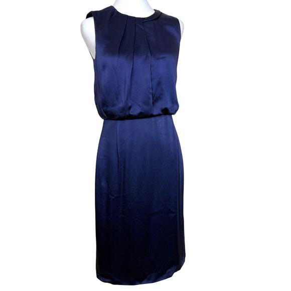 Boss Hugo Boss Navy Sleeveless Pleated Blouson Sheath Dress Sz 10 EUC Career - Picture 1 of 11
